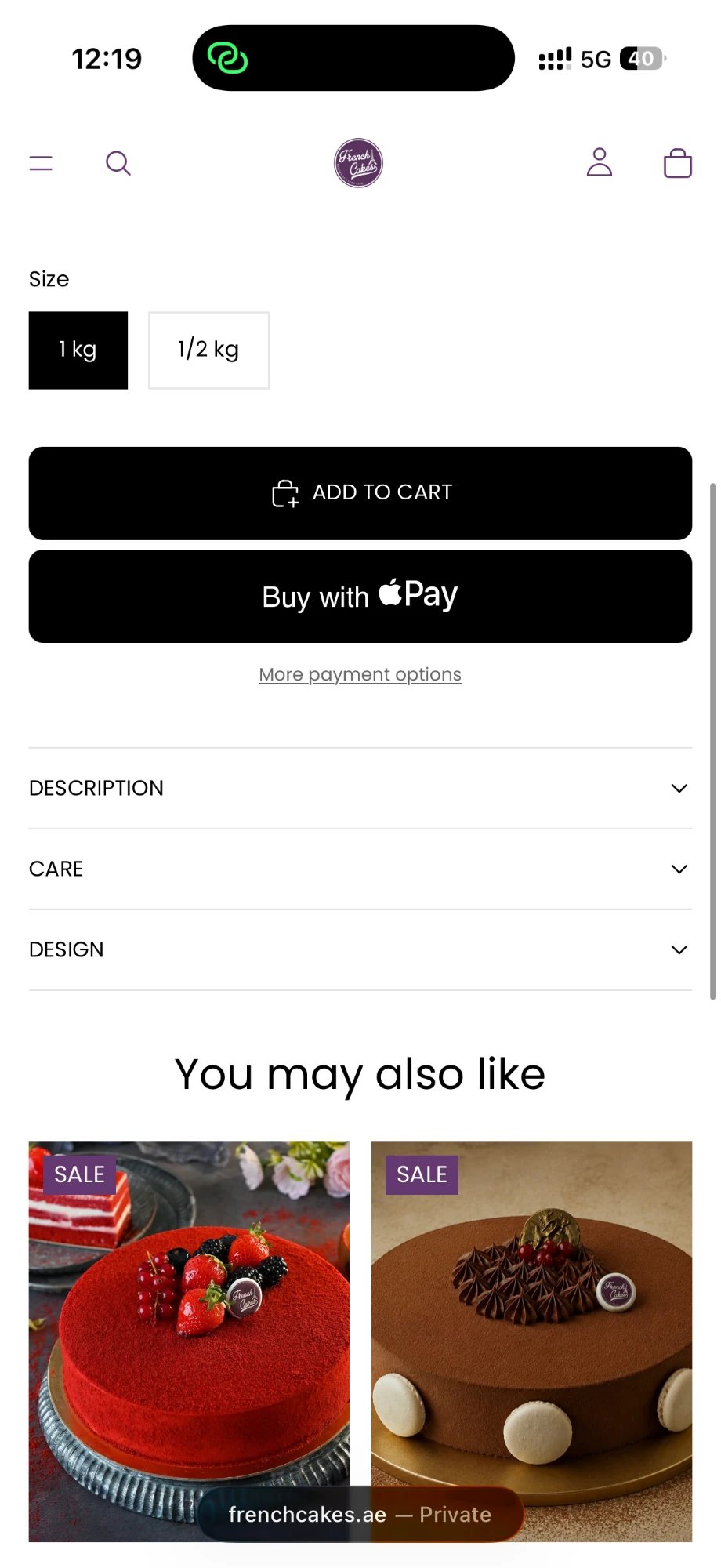 French Cakes product page with size options and Buy with Apple Pay