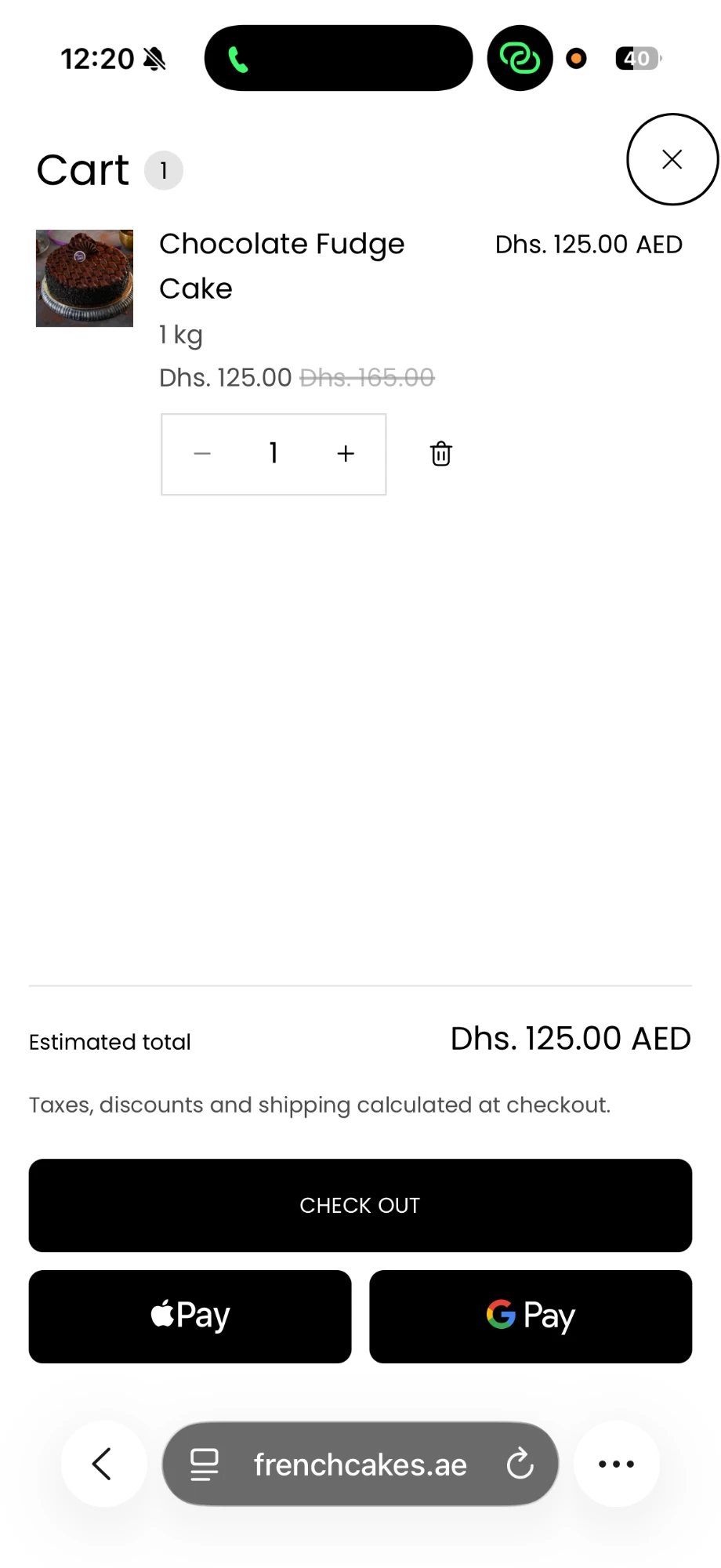 French Cakes cart in AED with Apple Pay and Google Pay buttons