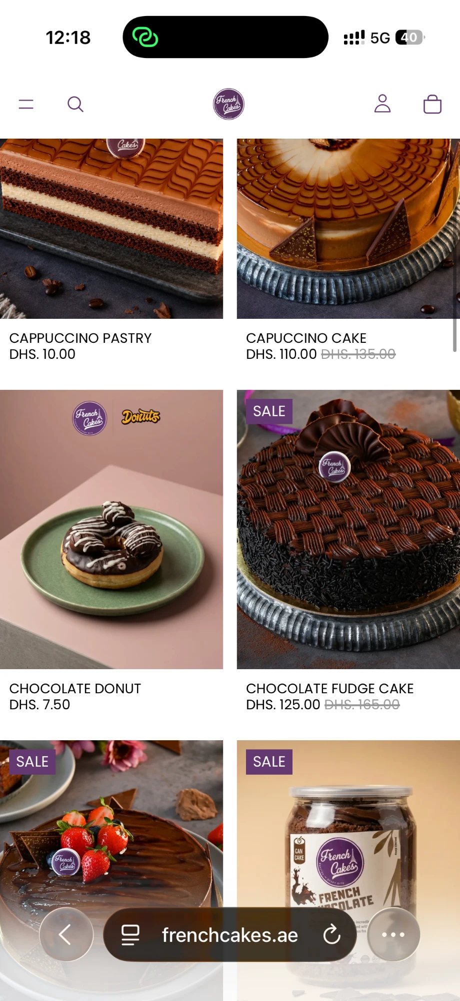 French Cakes mobile catalog with prices in dirhams and sale badges