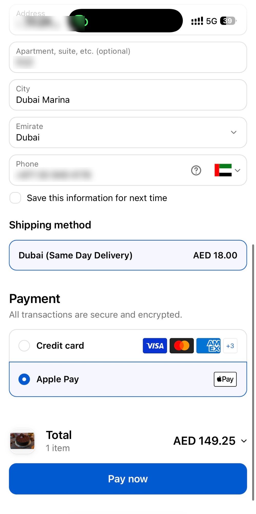 French Cakes checkout with Dubai same-day delivery and Apple Pay, personal details blurred