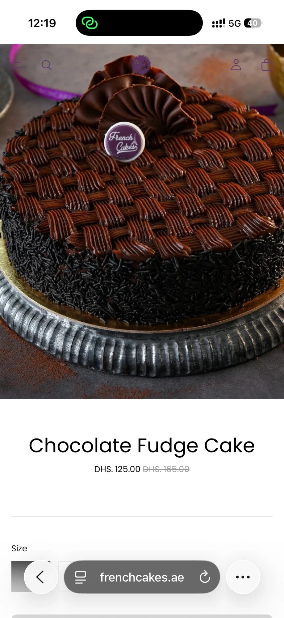 French Cakes mobile product page for the Chocolate Fudge Cake