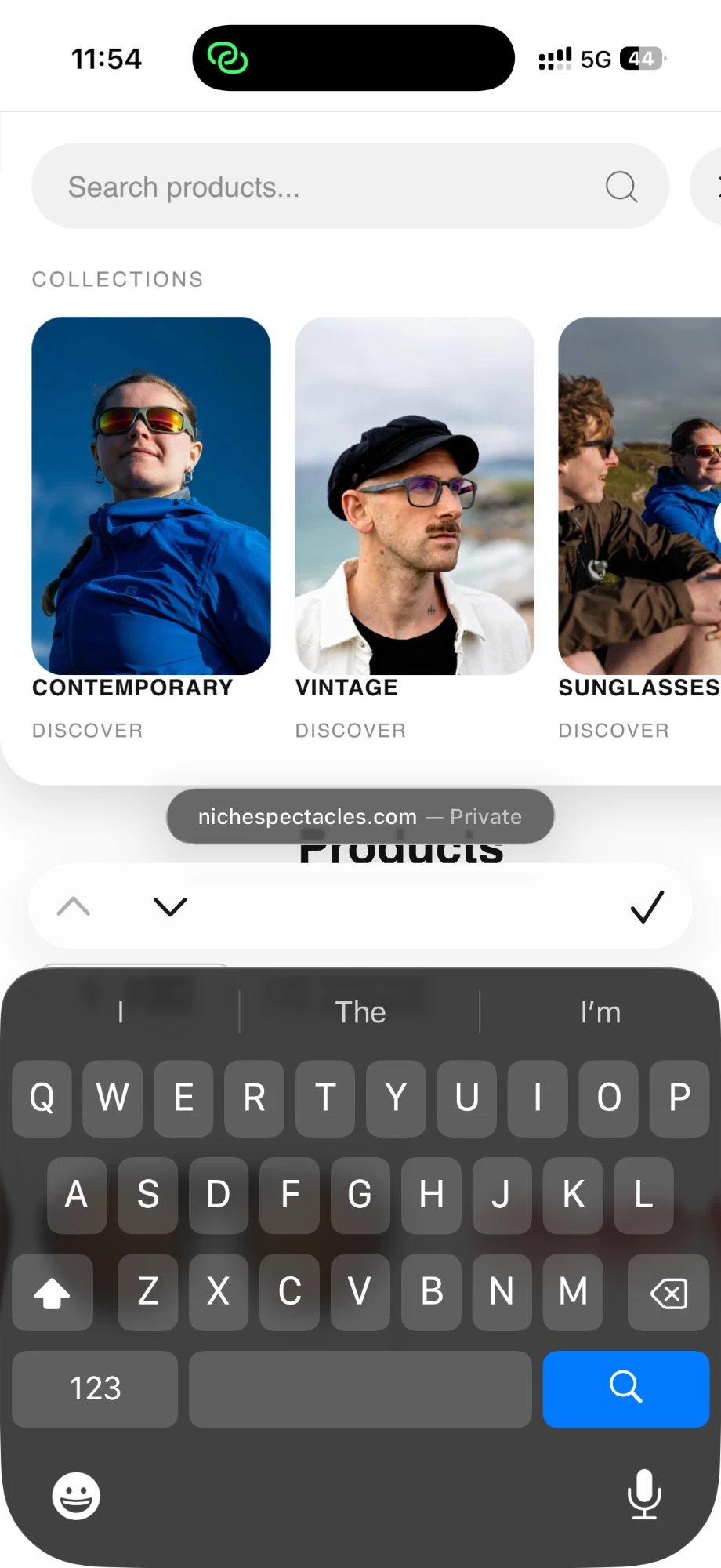 Niche Spectacles mobile search with collection cards