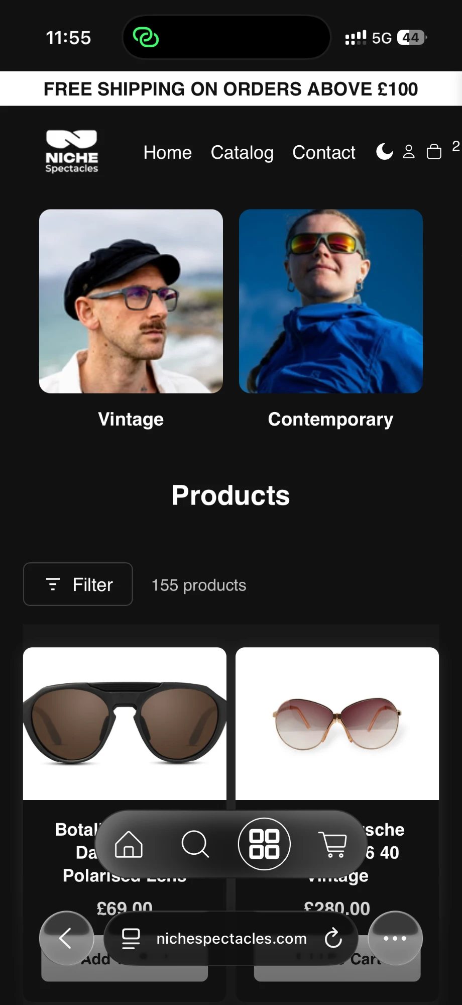 Niche Spectacles mobile catalog page in dark mode