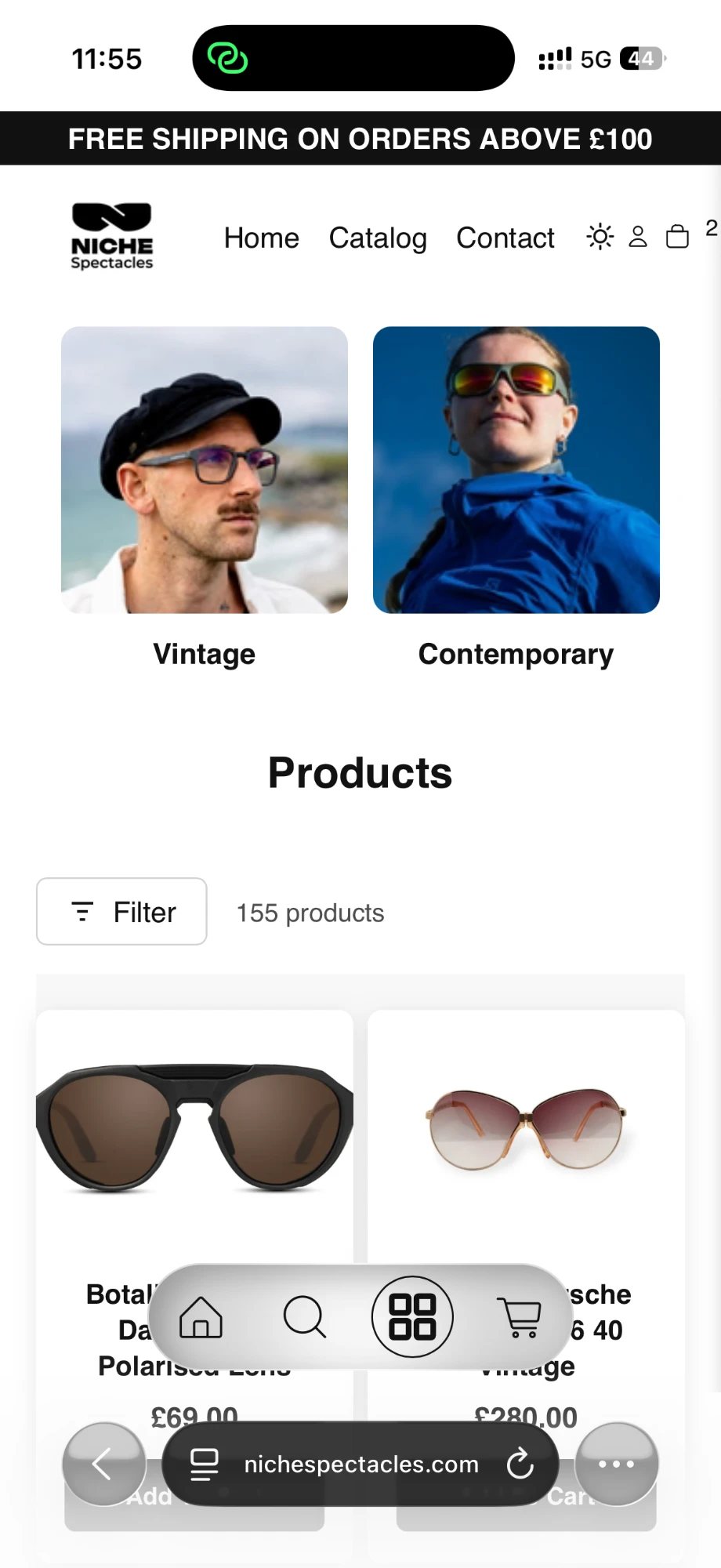 Niche Spectacles mobile catalog page
