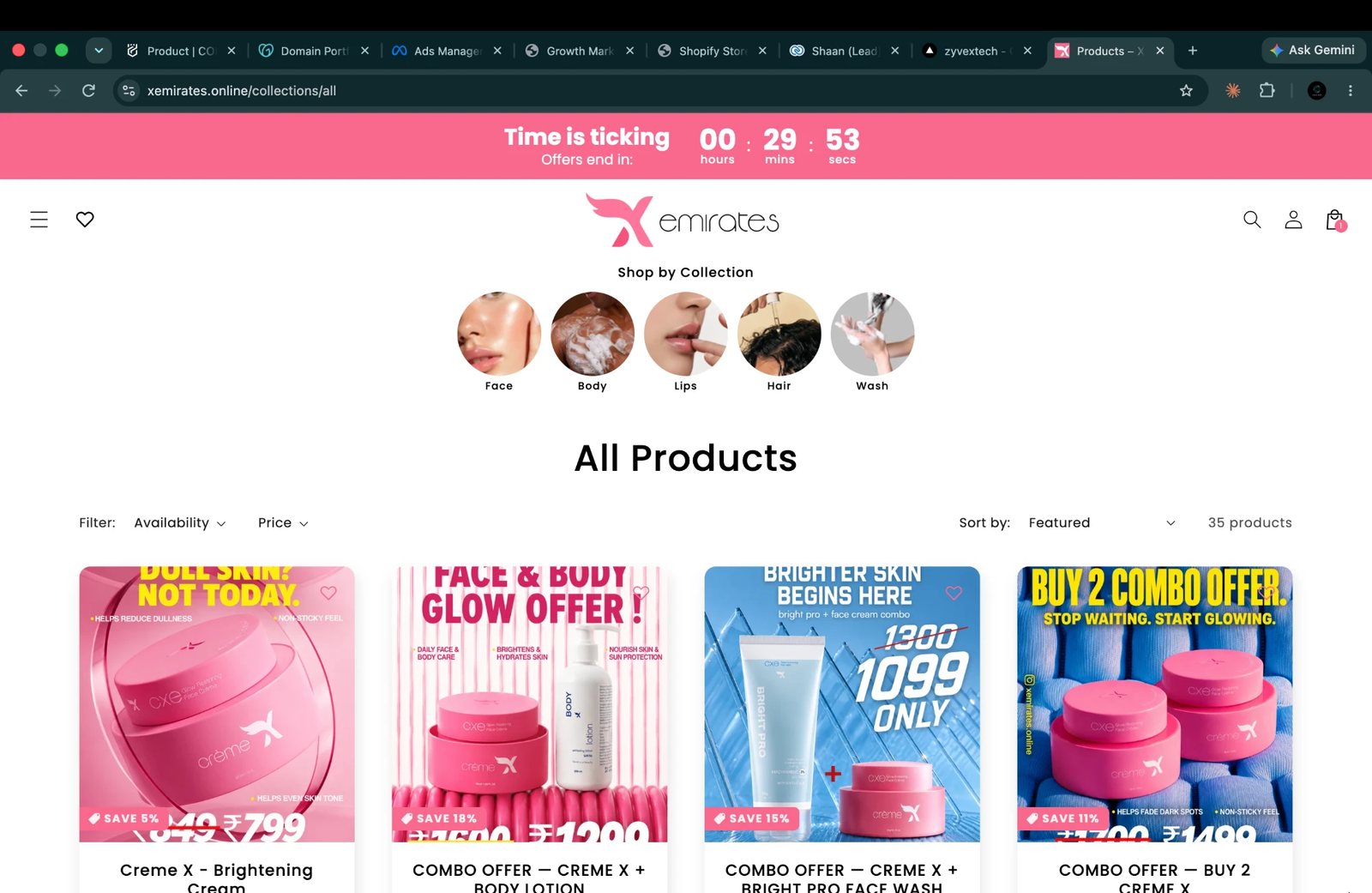 X Emirates Online Shopify store, all products collection page