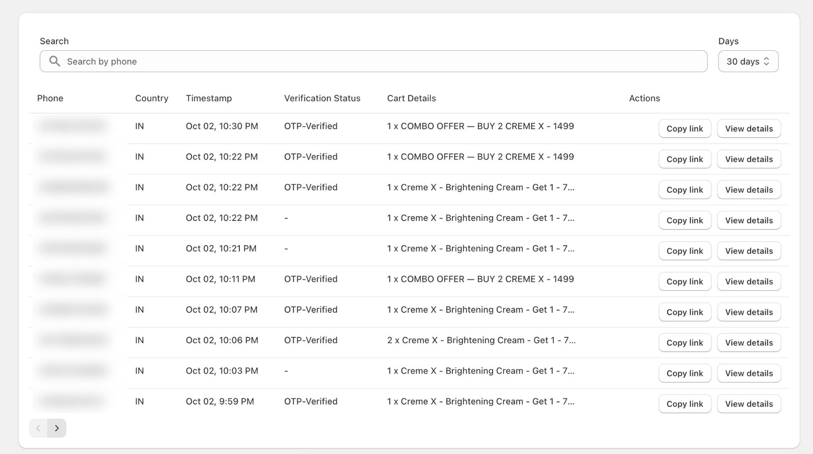 WhatsApp abandoned cart recovery log with customer phone numbers hidden